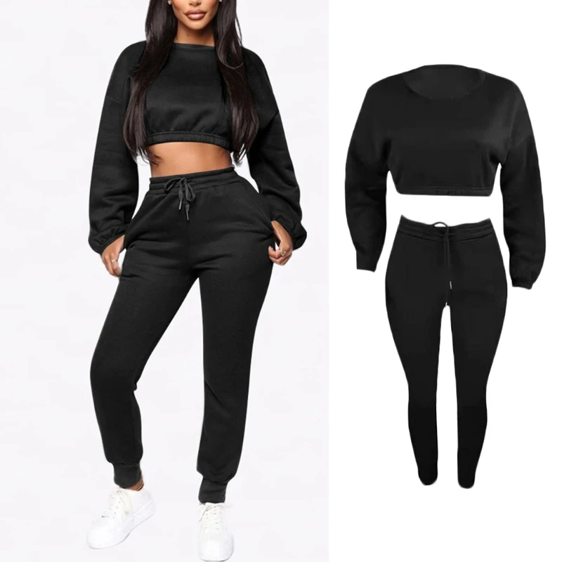 

Women Winter 2 Piece Workout Sport Outfits Set Long Sleeve Sweatshirt Crop Top Drawstring Jogger Pants Solid Color Thick Fleece