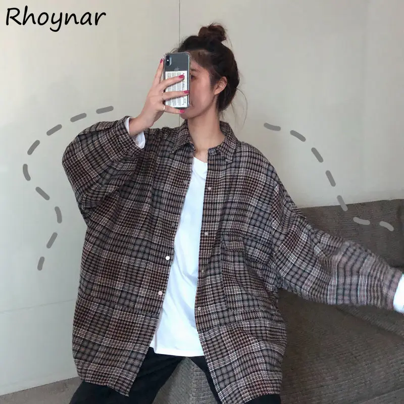 

Plaid Shirts Women Simple Design Fashion Students Korean Style Tops Loose Long Sleeve All-match Casual Daily Popular Button Up