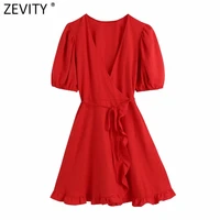 zevity women fashion cross v neck ruffles red kimono dress femme chic sweet pleat puff sleeve casual lace up mini vestido ds8519