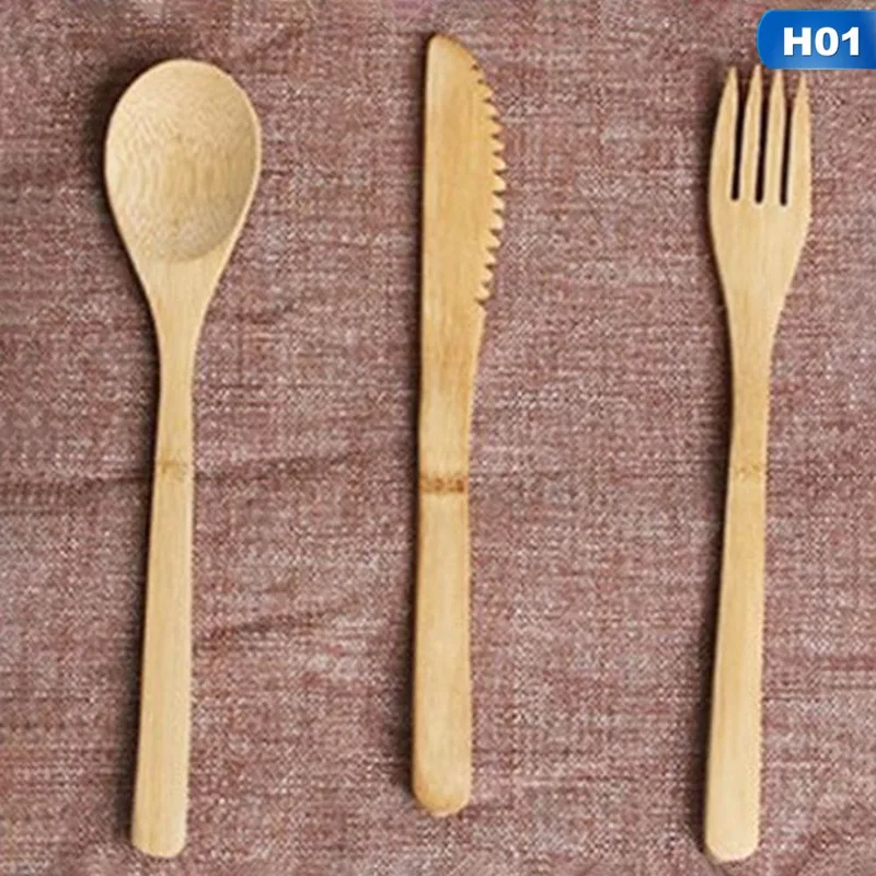 

Bamboo Cutlery Set Travel Utensils Biodegradable Wooden Dinnerware Outdoor Portable Flatware Spoon Knife And Fork With Bag