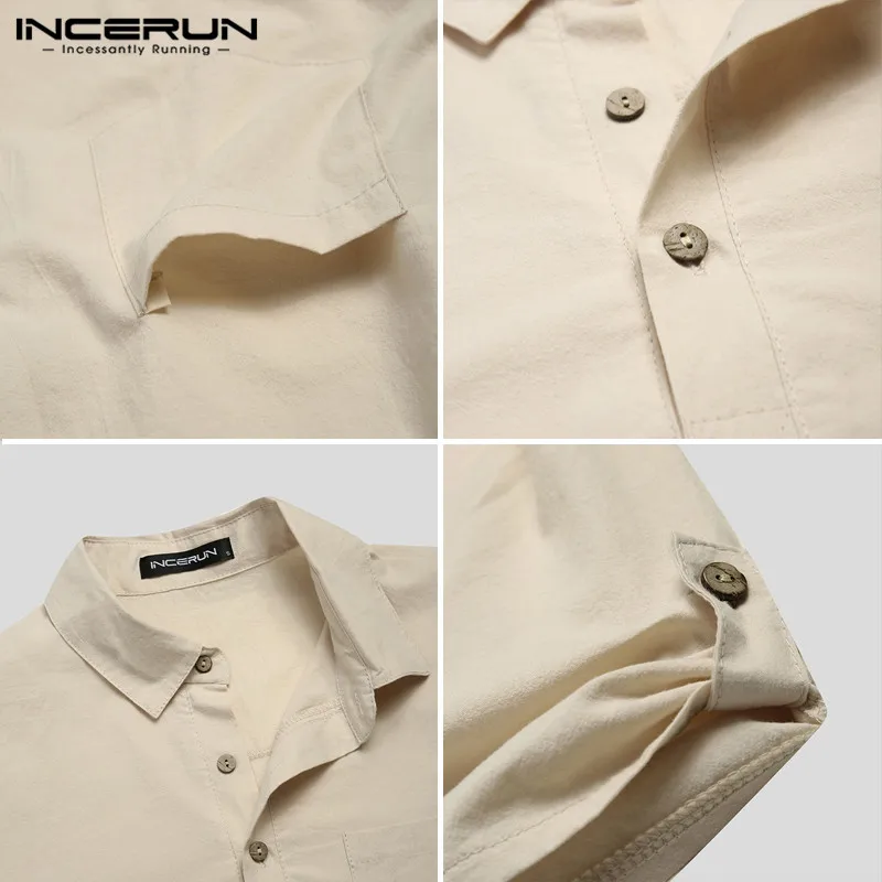 

INCERUN Summer Casual Shirt Men Cotton Short Sleeve Harajuku Solid Color Breathable 2021 Brand Tops Lapel Street Camisas Hombre