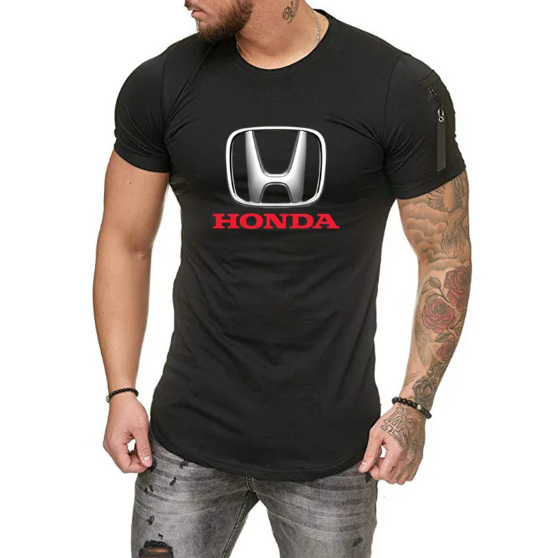 

Honda 2021 NewStyle Fashion Men's T-Shirt Car Logo Printing Stitching Design Shoulder Sleeve Pocket Fitness Muscle Men's Sports