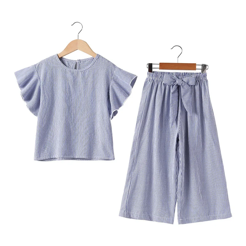 

Fashion Clothing Set for Girls Summer Children Girls Striped Outfits Short-sleeved Tops + Wide Leg Pants 2 Pcs Kids Clothes
