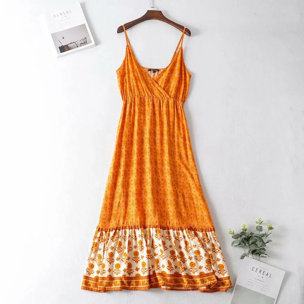 

Orange Floral Print 2020 Summer Strap Maxi Dress Sleeveless Cross V Neck Vintage Cami Boho Beach Casual Women Slip Party Wear