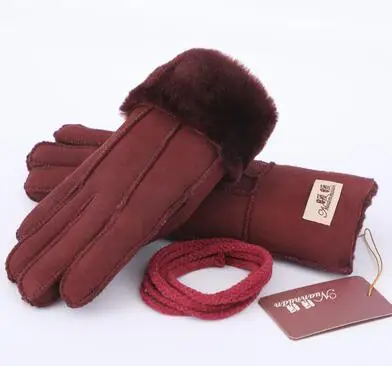 women wine red Мужская осенне-зимняя утолщенная теплая цельная шерстяная меховая кожаная перчатка Мужская зимняя брендовая шерстяная меховая рукавица R2218 - Цвет: women wine red