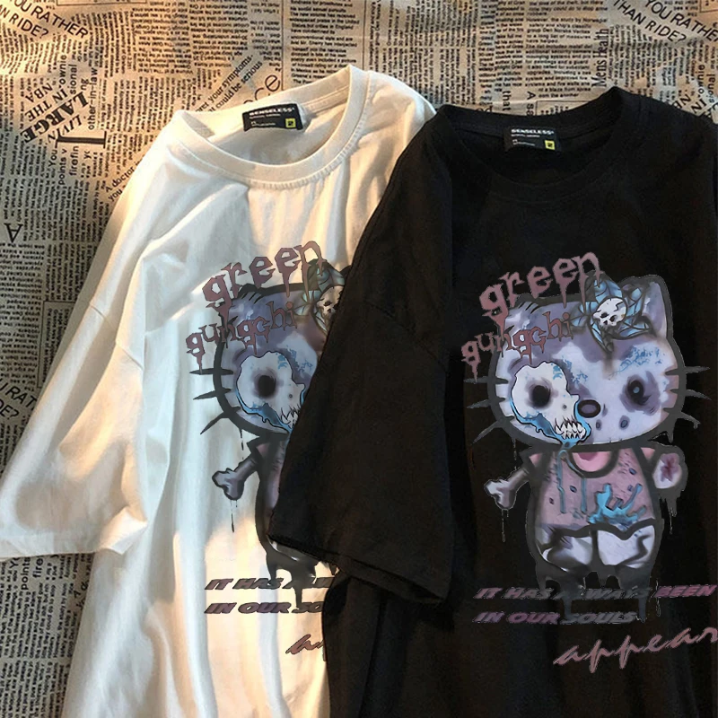 Женская футболка с принтом Kawaii Cat черные топы в стиле Харадзюку Повседневная