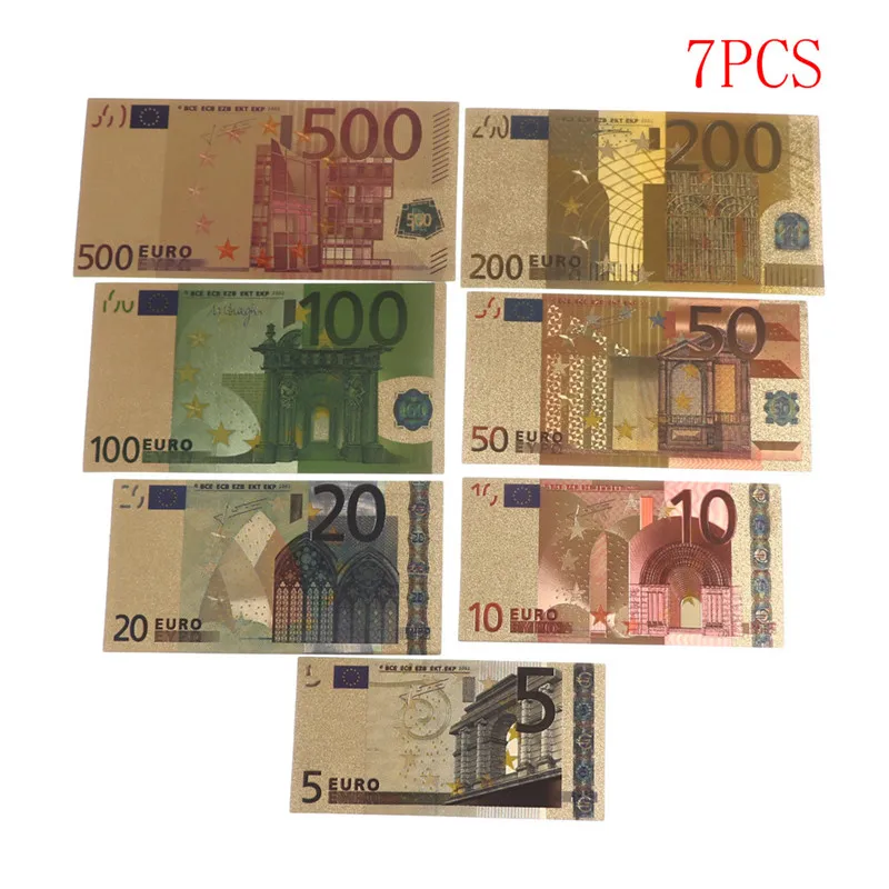 7pcs/lot 5 10 20 50 100 200 500 EUR Gold Banknotes In 24K Gold Fake Paper Money For Collection Euro Banknote Sets Hot Sale