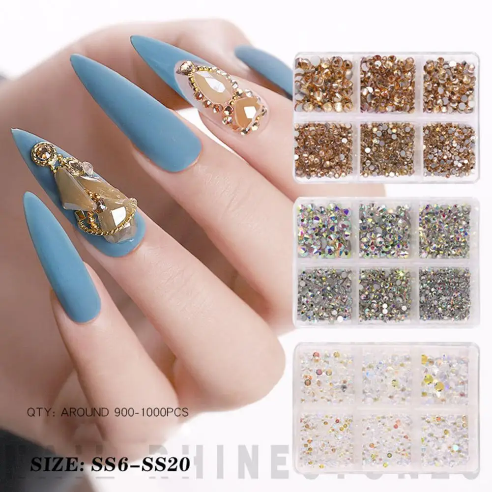 

6 Grids/Box Nail Rhinestone Flat Back Multifunctional Various Shapes Mixed Size AB Nail Art Glitter Decorations for Manicure