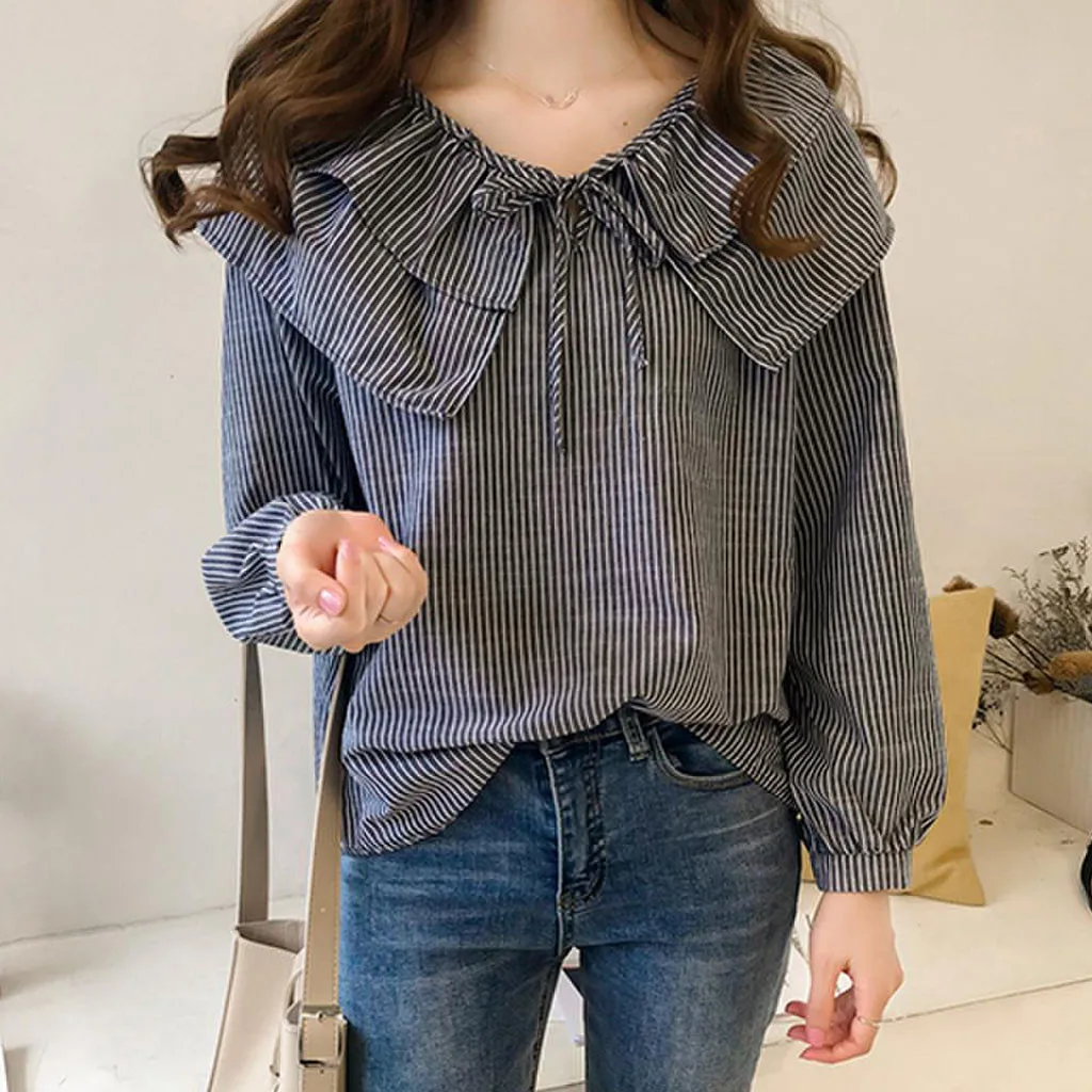 

Fashion Women Casual O-Neck Striped Blouse Ladies Long Sleeve Ruffles Loose Tops long sleeve peter pan collar blouse for women
