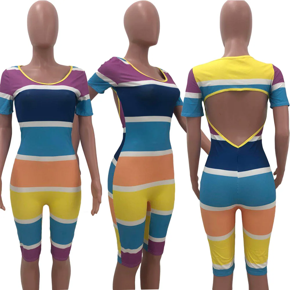 

New sexy slim stripe printed Jumpsuit summer fashion o-neck short sleeve women's T-shirt shorts