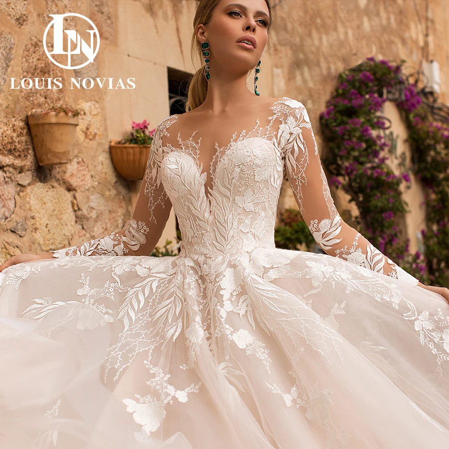 Женское свадебное платье с длинным рукавом LOUIS NOVIAS белое ТРАПЕЦИЕВИДНОЕ ПЛАТЬЕ