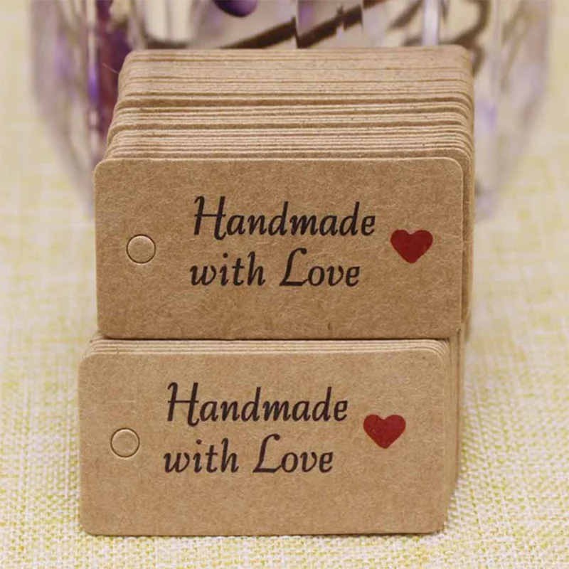 

100Pcs Kraft Paper Tags Handmade with Love Hang Tags Garment Tags for Candy/Gift/Cookies Display Packing Label Card