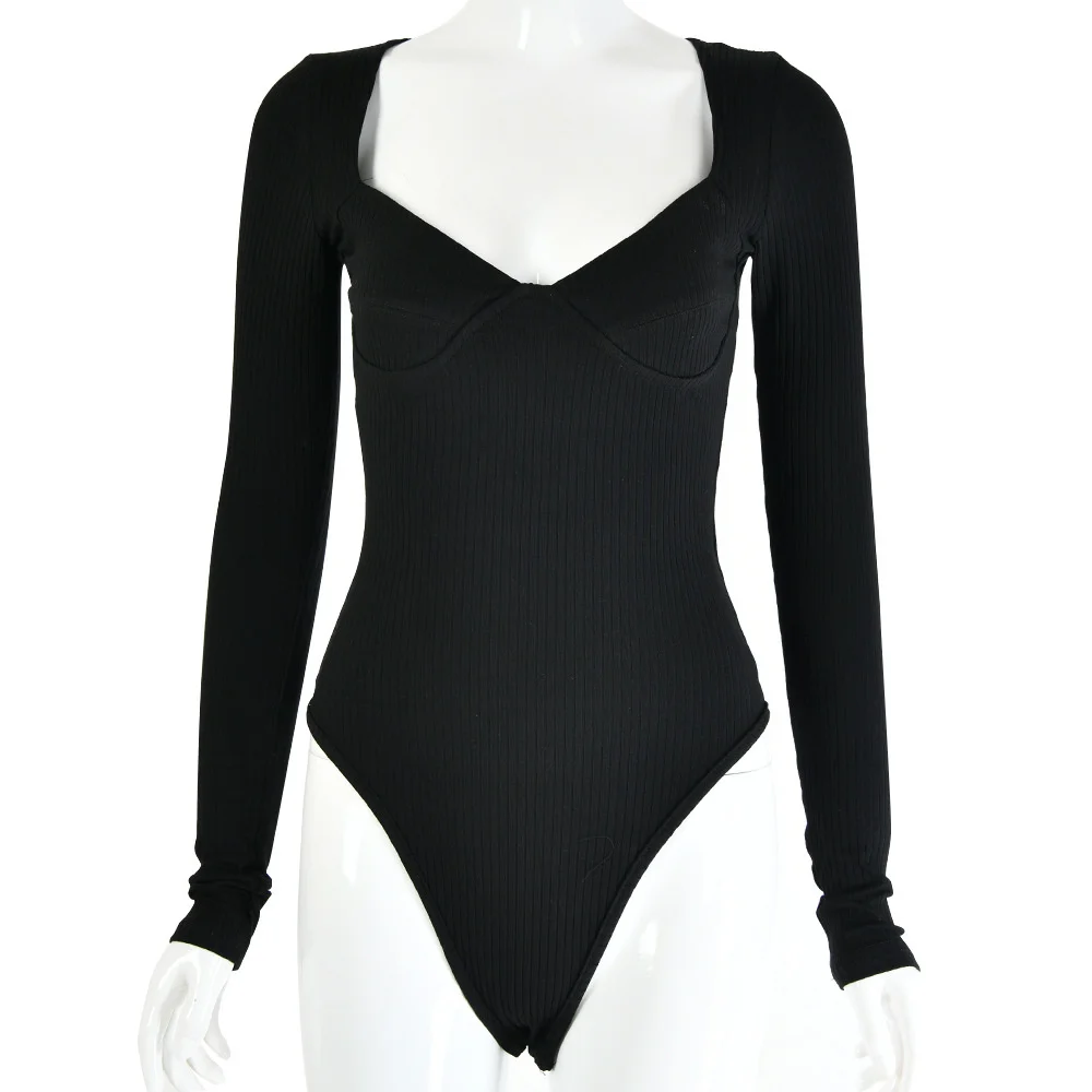 

#2162 Black Red Green Khaki Casual Sexy Bodysuit Women Square Collar Knitted Bodysuit Long Sleeve Skinny Rompers Womens Body