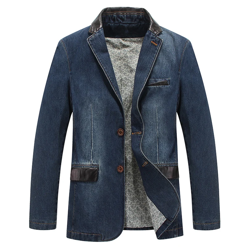 

Casual denim suit jacket male autumn business formal wear washed denim coat/large size PU stitching loose jacket male clothing