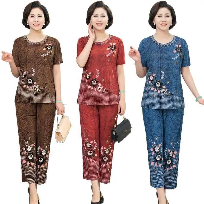 

Set Middle-Aged Elderly Mothers Two-Piece Top + Pants Women's Summer Clothes Small Shirt Grandma Loose Female Old Lady Suit L738