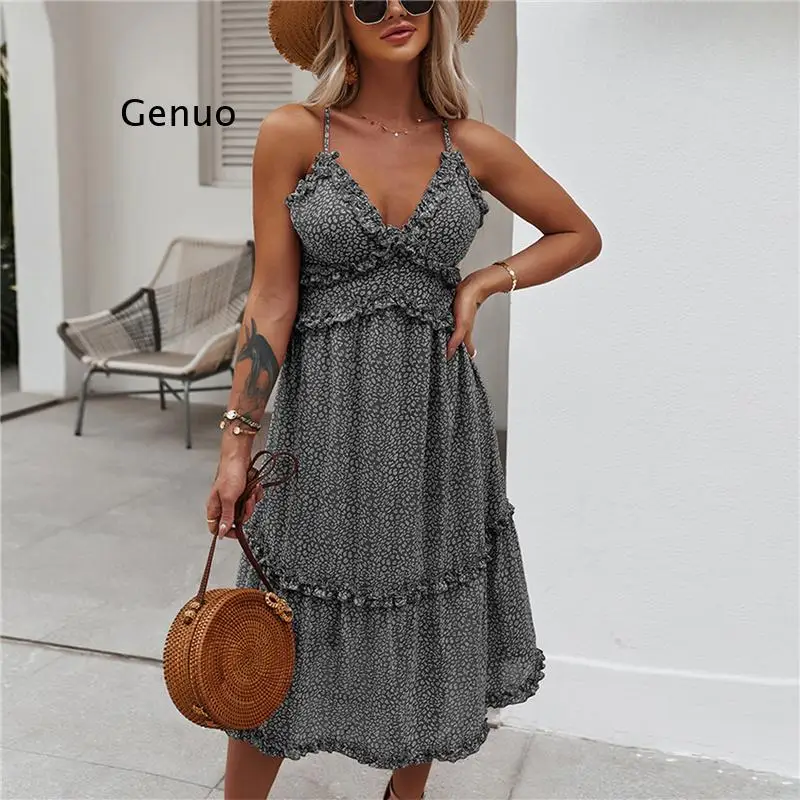 Female Dress Floral Print V-Neck Sleeveless One-Piece Spaghetti Strap Sundress for Summer Red/Black/Blue/Green | Женская одежда