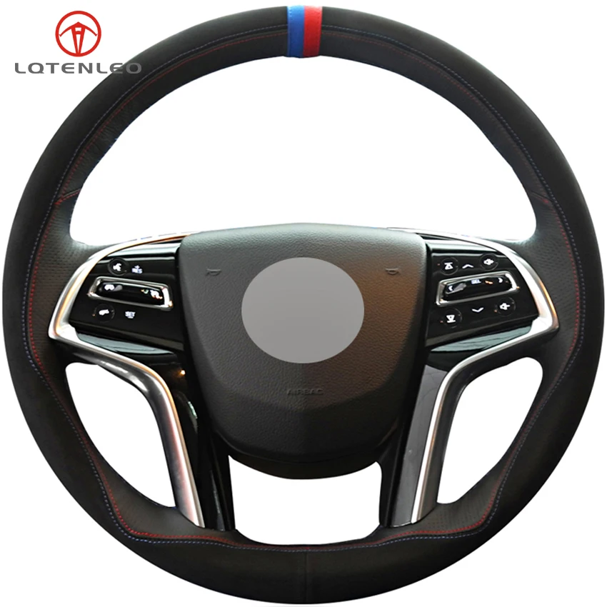 

LQTENLEO Black Leather Black Suede DIY Car Steering Wheel Cover For Cadillac SRX 2013-2015 XTS 2010-2018 Escalade 2015-2019
