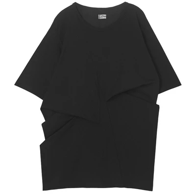 Женская Асимметричная футболка с круглым вырезом черная плиссированная