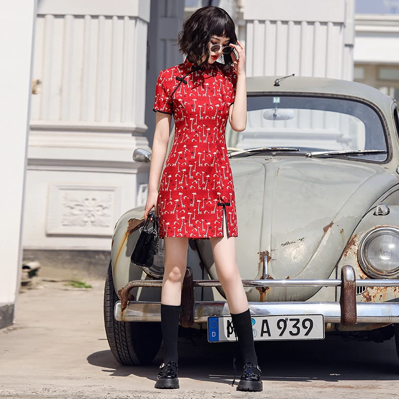 Сексуальное женское мини-платье с принтом традиционное китайское свадебное