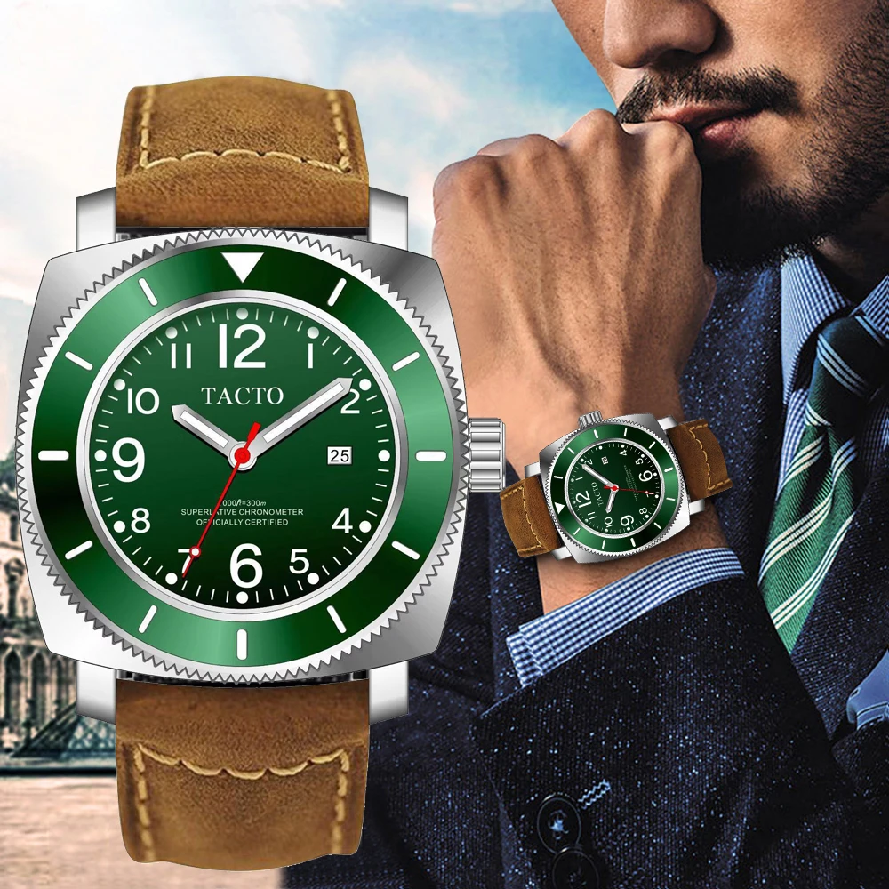 

Новинка 2023, мужские часы, топовый бренд, роскошные модные спортивные часы TACTO, зеленые аналоговые Стальные кварцевые часы с кожаным ремешком, мужские часы