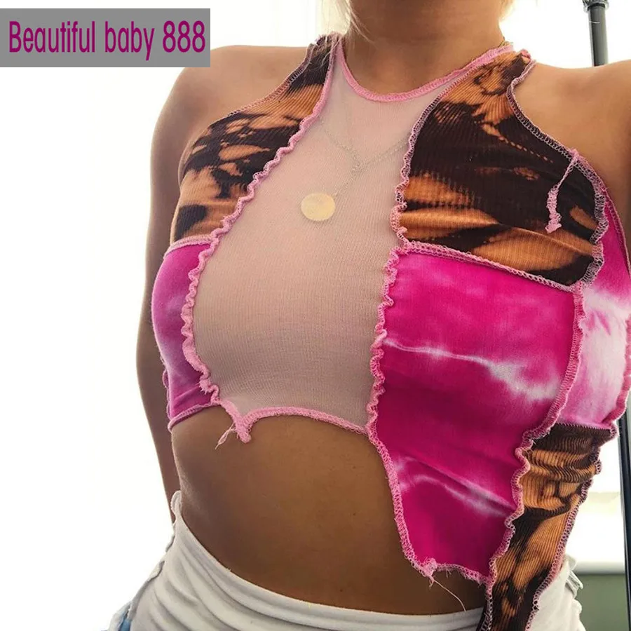 

Meqeiss Fashion tie-dye Patchwork Sleeveless Mesh sexy Tank Top Women Asymmetrical see-through clubwear Print skinny Crop Tops