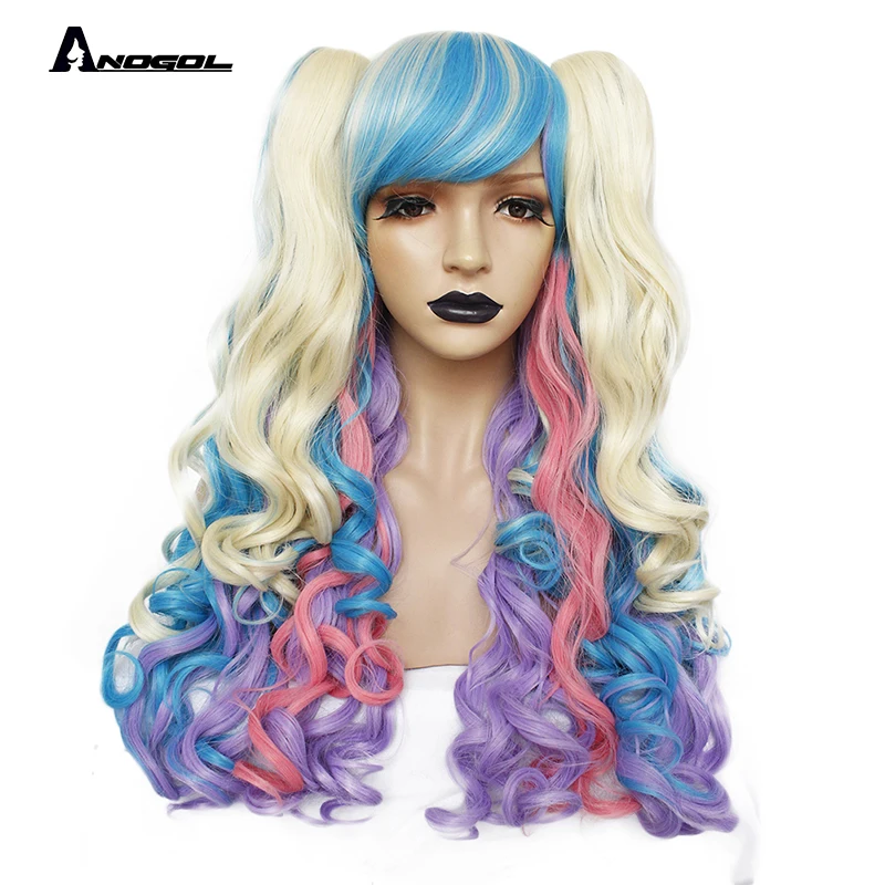 Multi color ANOGOL длинные волнистые Лолита высокая температура волокно коричневый розовый красный черный блонд многоцветные синтетические Косплей парики 2 хвоста - Цвет: Multi color