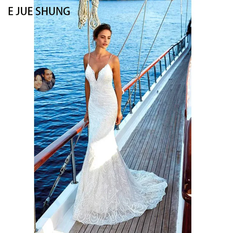 

Белое кружевное свадебное платье-Русалка E JUE SHUNG с глубоким V-образным вырезом и открытой спиной, пляжные свадебные платья