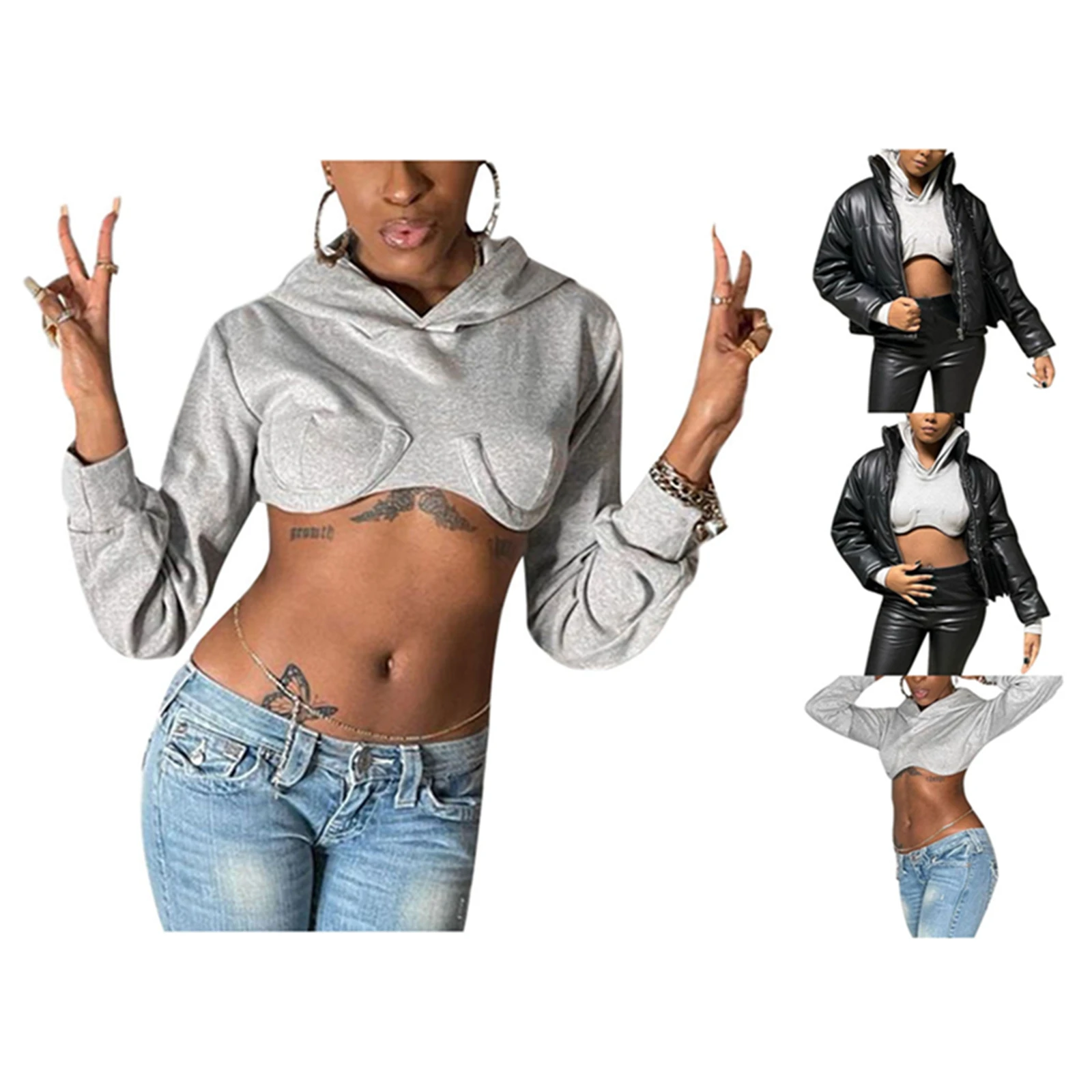 Женские модные толстовки с капюшоном серые однотонные укороченные топы длинным