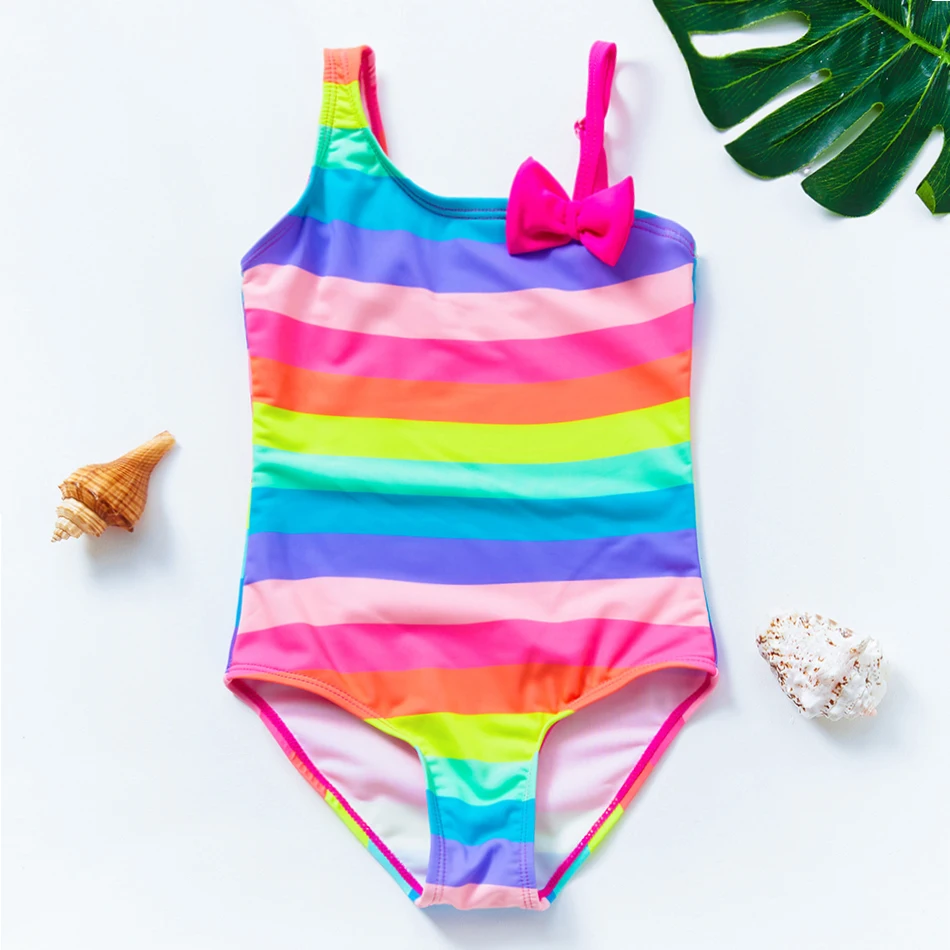 2021 Girls Swimsuit One Piece Oblique Shouldered 5-14years Striped Swimwear For Children With Bow | Спорт и развлечения