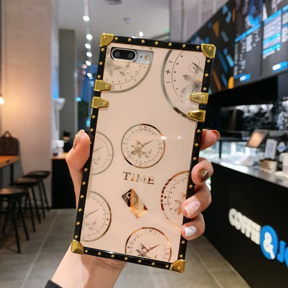 Роскошный квадратный чехол с часами для iPhone 11 12 13 Pro Max X XR XS 7 8 блестящая Подставка