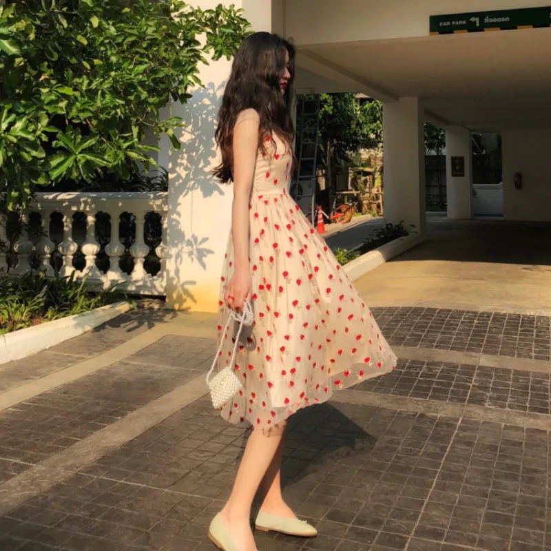 

Korean Style Summer Dress Women 2020 Vintage Mesh Dress Small Strawberry Embroidery High Waist Dresses Vestidos