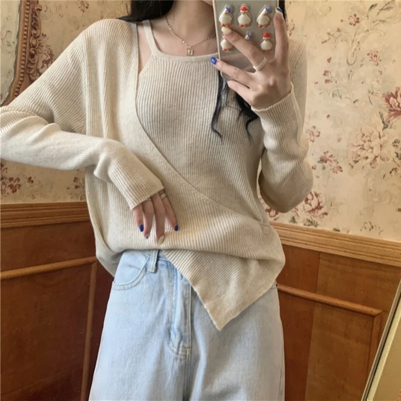 Осень 2021 дизайнерский Вязаный топ с имитацией двух длинных рукавов Свободный