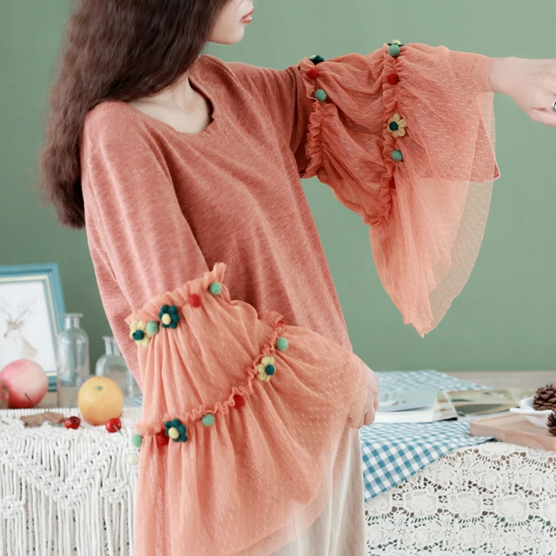 Свитер женский в этническом стиле с расклешенными рукавами и цветами Харадзюку |