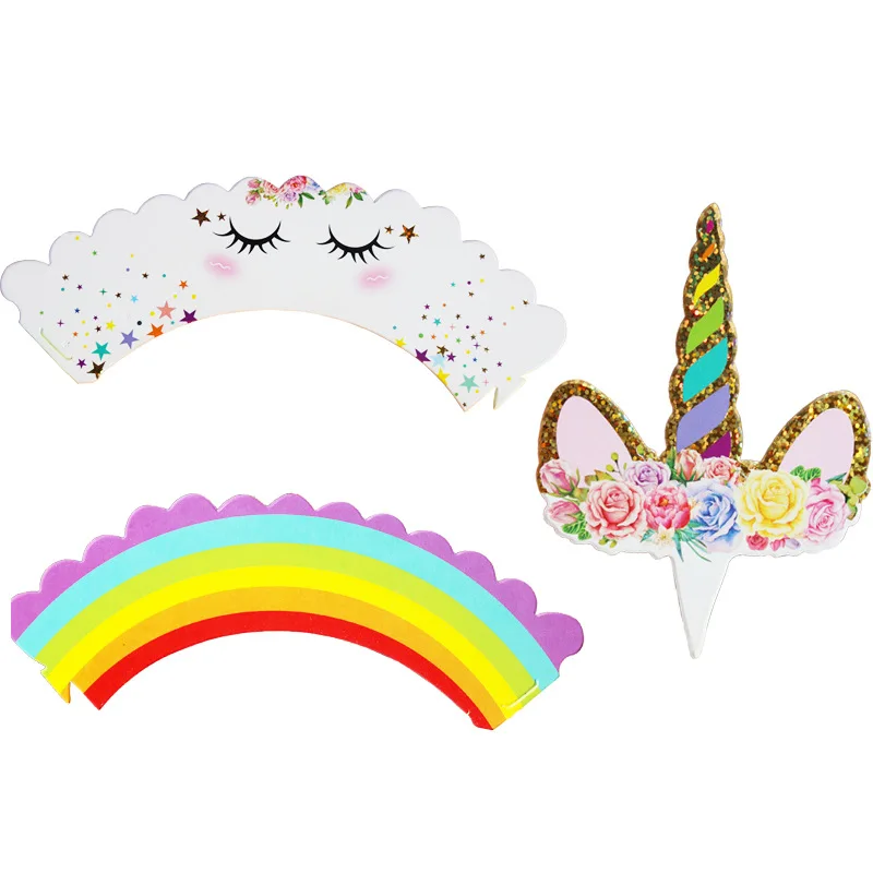 24Pcs Unicorn Rainbow Cake Toppers Cupcake Wrappers Birthday Party Decoration Baby Shower Supplies | Дом и сад