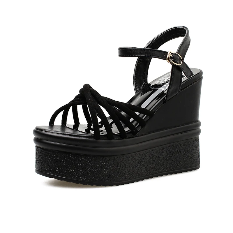 2019 г. Женские босоножки на танкетке высоком каблуке 12 см вечерние туфли платформе