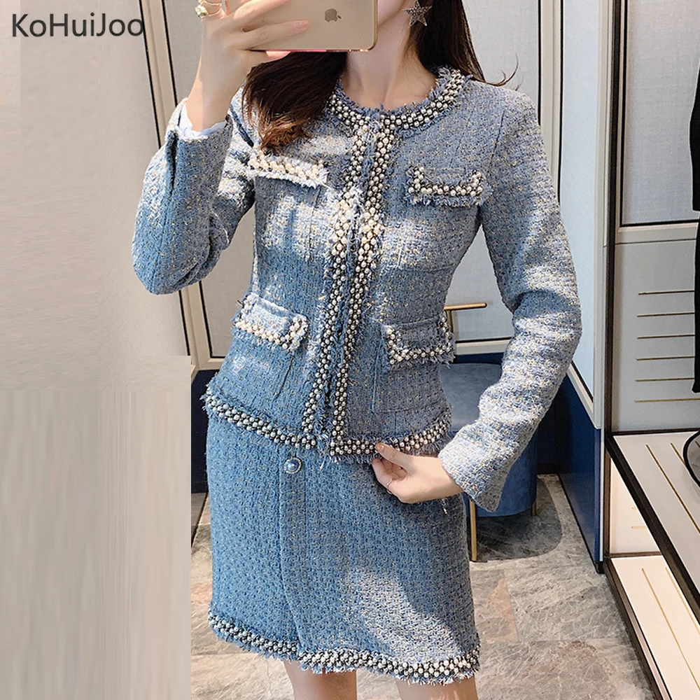 2 шт. твидовая юбка костюм для женщин осень зима Тяжелый бисерный модный
