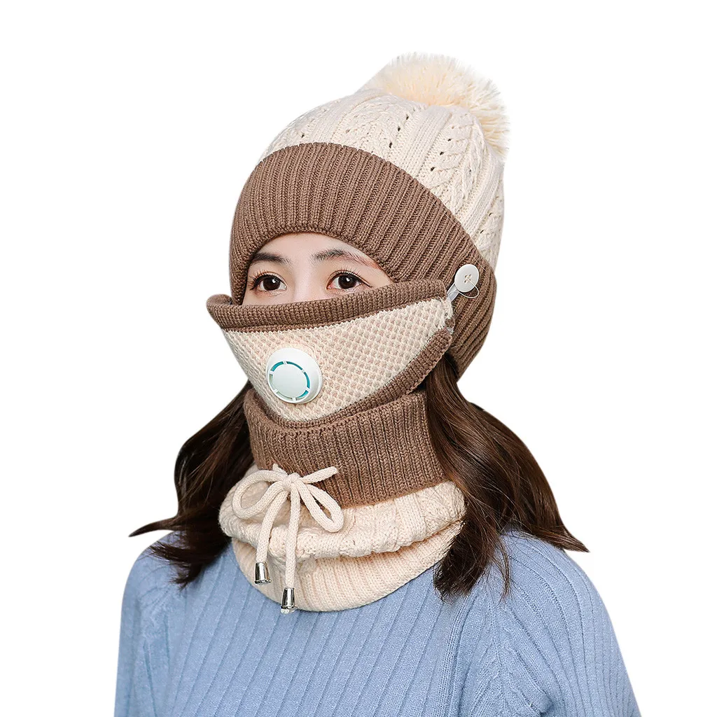 Зимняя модная теплая женская вязаная шапка для девочек шарф маска набор мягкая