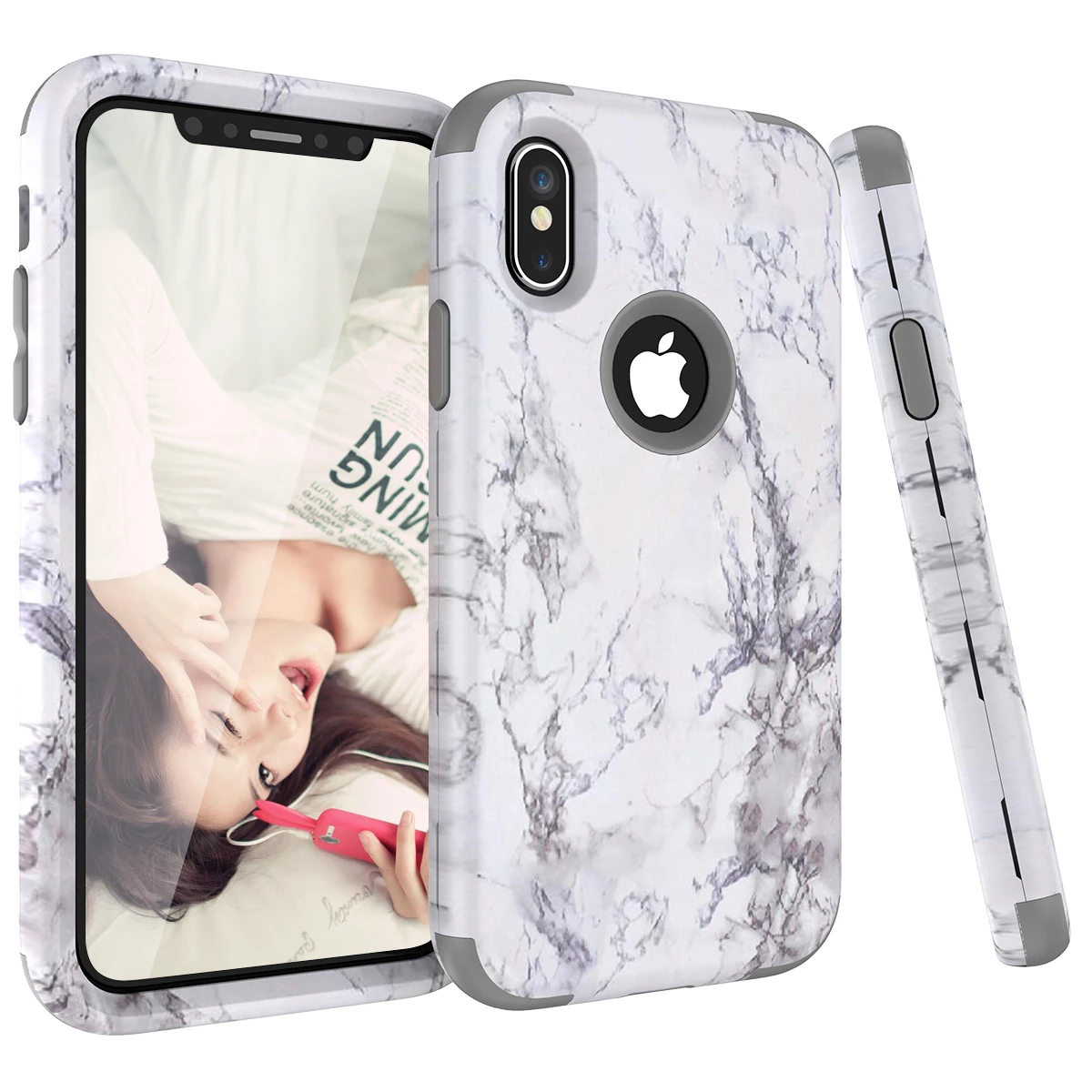 Мраморный бампер чехол для iPhone 11 pro Max 7 8 6 Plus жесткий защитный чехол силиконовый чехол для iPhone X Xs Max Xr 360 чехол милый Единорог 3 в 1 - Цвет: grey