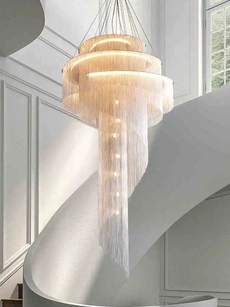 

Tassel large chandelier Postmodern light luxury villa duplex loft living room spiral staircase