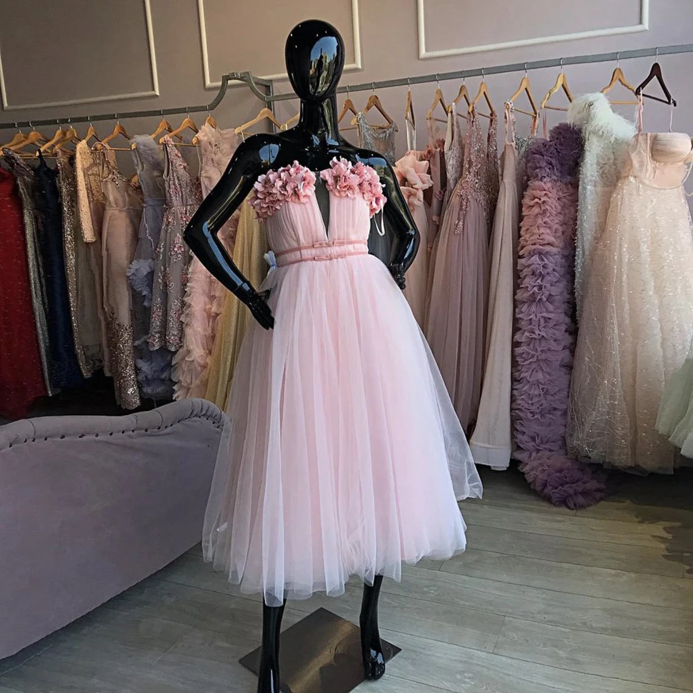 

Pink Sweet Elegant Homecoming Dresses 3D Flowers Appliques Tulle A-Line Tea Length Women Party Graduation Gowns Plus Size Custom