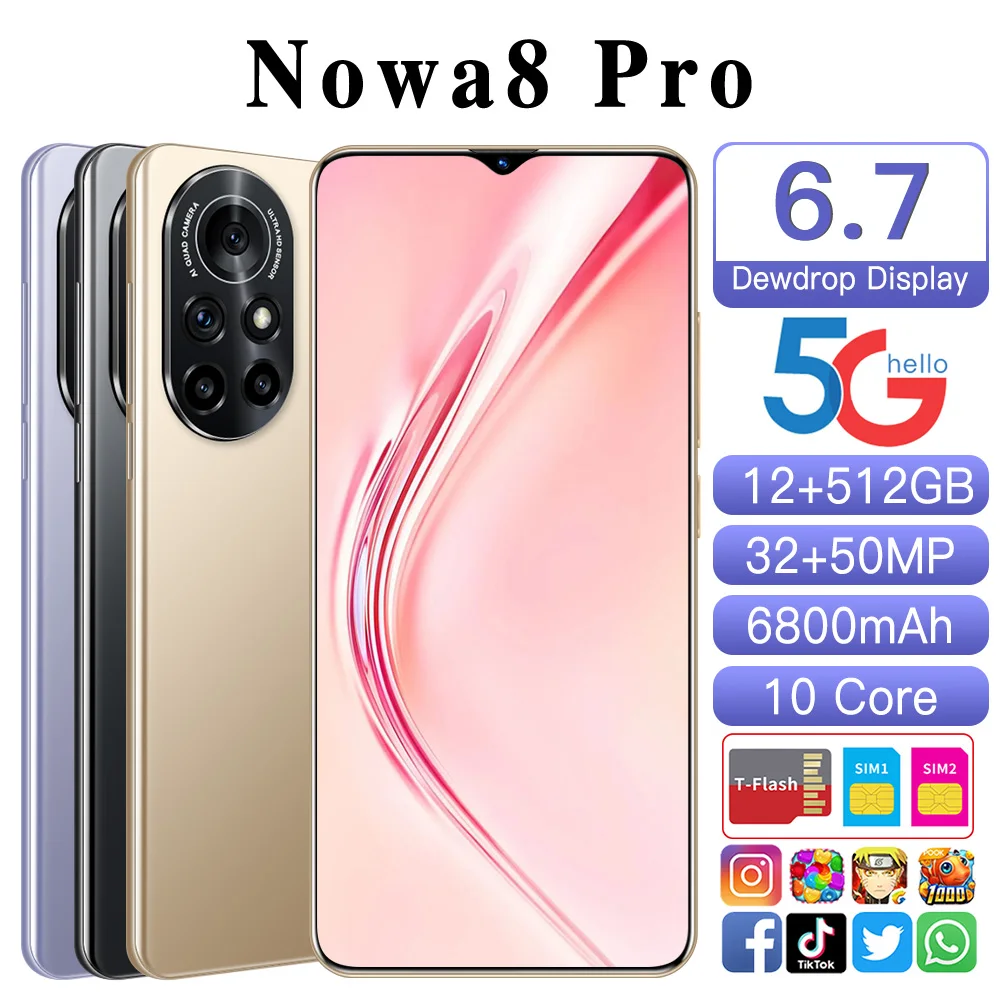 

Новый смартфон HUAWE Nowa8 Pro, 12 Гб + 512 ГБ, 32 Мп + 50 МП, камера 6800 мАч, интерфейс Micro USB, Android 10,0, мобильные телефоны, 6,7 дюйма HD
