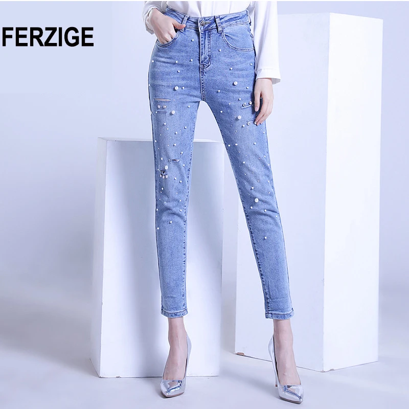 FERZIGE рваные джинсы для женщин slim fit светильник с высокой талией синие тонкие