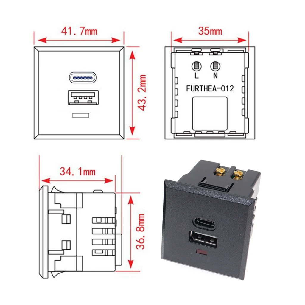 Фото Розетка переменного тока USB + Type-C Встроенная настольная розетка Модуль зарядки постоянного тока Розетка 5 В 220 В со светодиодным индикатором №4
