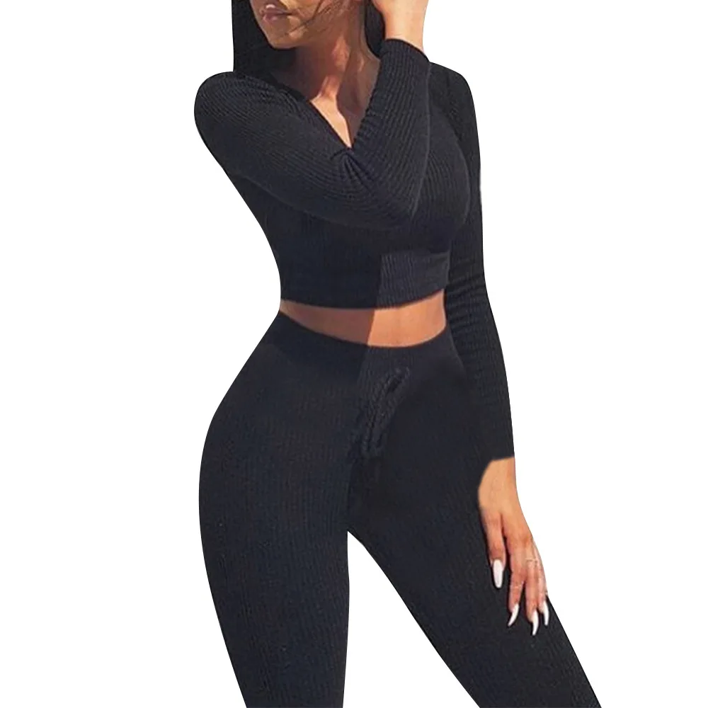 

Sexy V Neck Knitted Tracksuit Two Piece Set Autumn Winter Long Sleeves Crop Tops And Long Tight Pants 2 Piece Outfits For Women