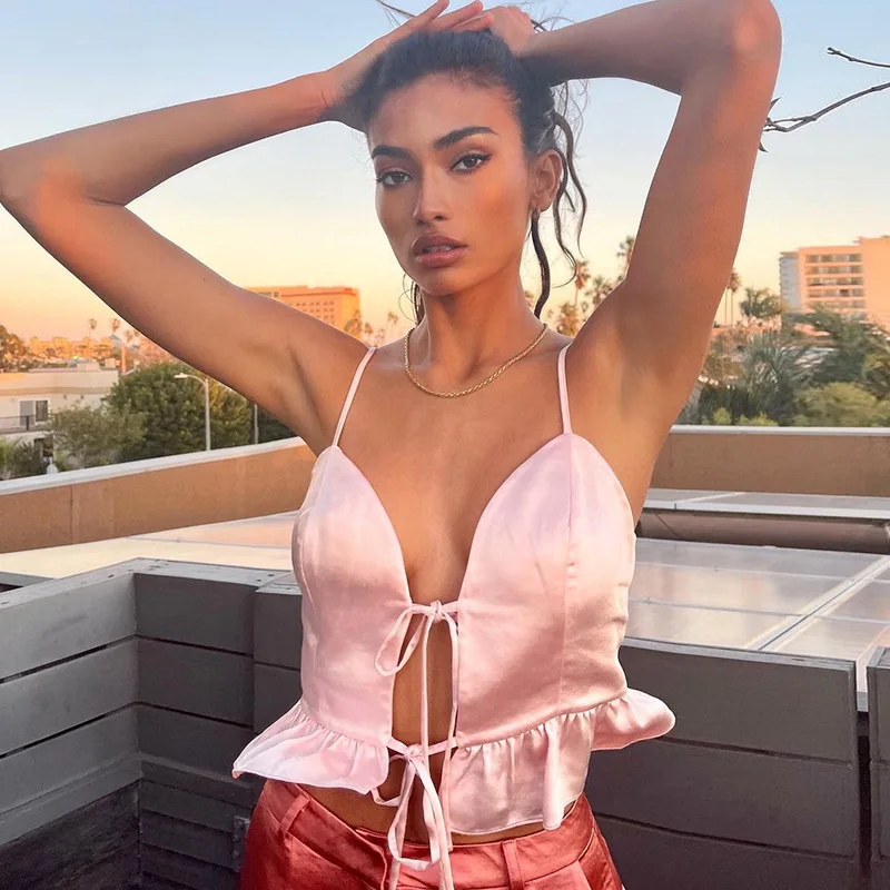 

Chic Women Sexy Front Tie-up Hollow Out Camisole Satin Deep V-neck Backless Spaghetti Strap Crop Tops Summer Streetwear Clothes