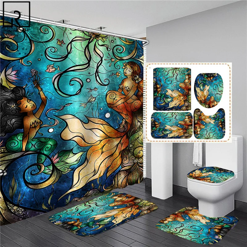 

Sexy Mermaid Print Shower Curtain Waterproof Bathroom Curtain Set Anti-slip Bath Rug Mat Soft Carpet Toilet Lid Cover Home Decor