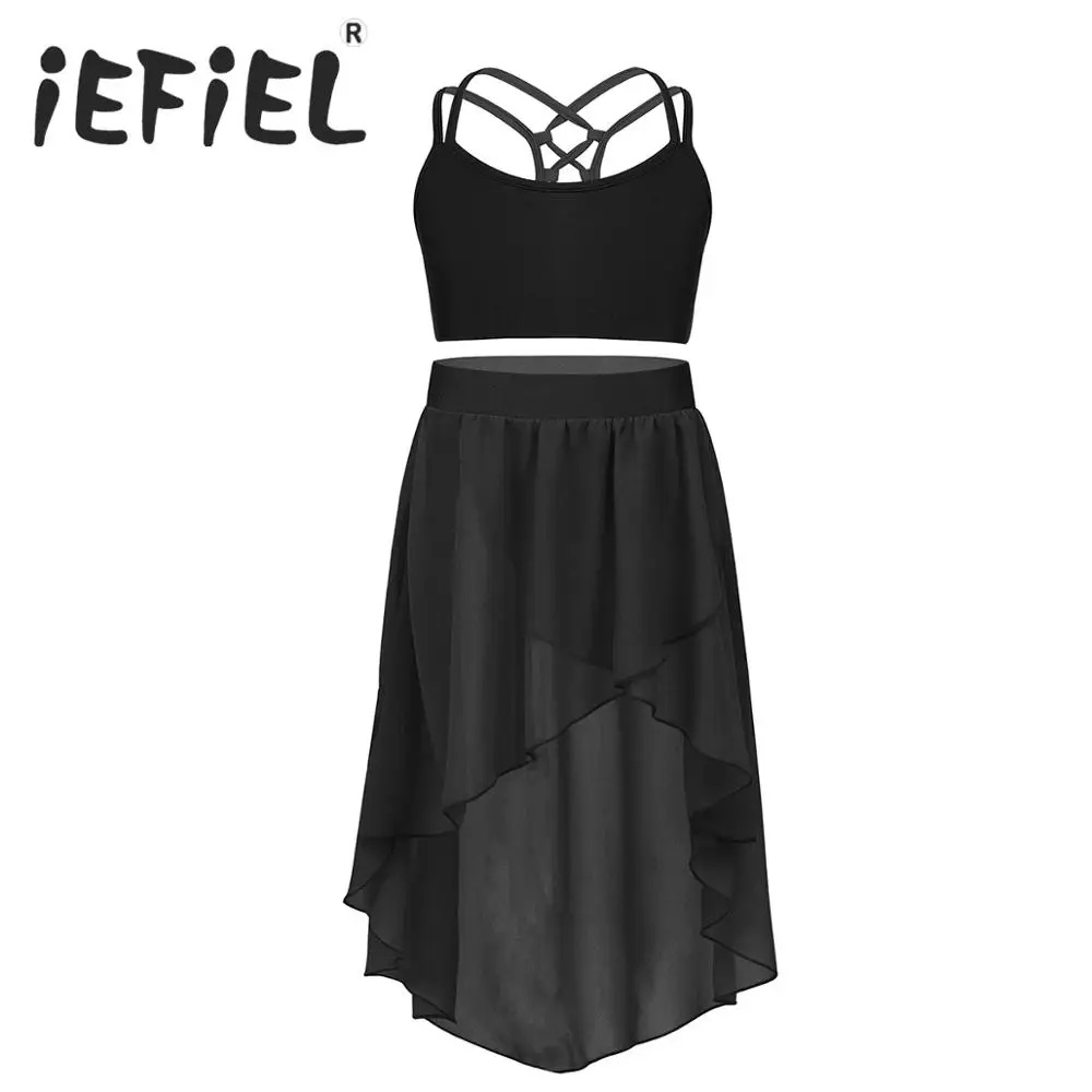 

Наряды для девочек, топы с перекрещивающейся спинкой, шифоновая юбка, комплект одежды из 2 предметов для девочек, балетный Лирический танцев...