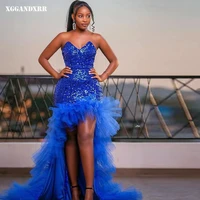 beautiful highlow prom dress 2022 sequin ruffles sequined long skirt blue sleeveless party gown sweep tiain custom made