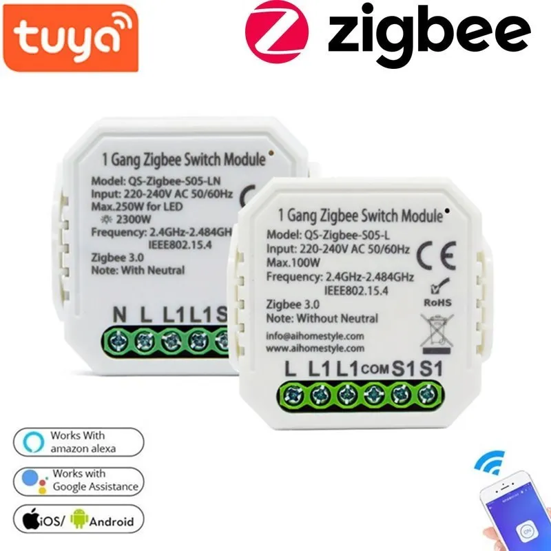 

Tuya Smart коммутационный модуль реле 1Gang 220V без нейтральный ZigBee3.0 Беспроводной светильник Модуль автоматического включения света работы с Alexa ...