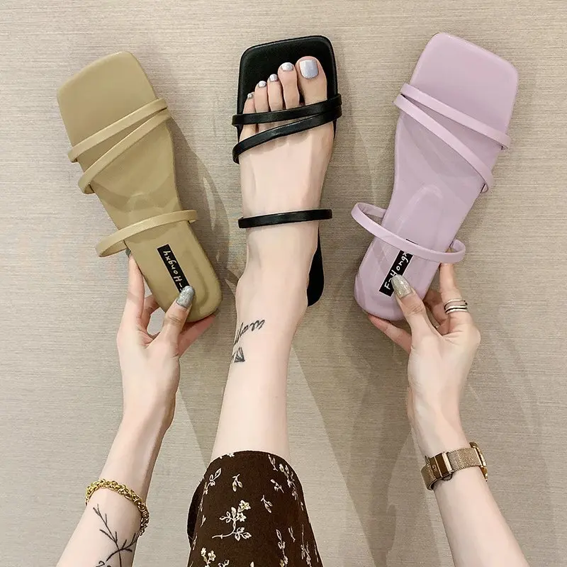 

Women New Summer Slippers Low Heels Square Toe Slides Peep Toe Square Heel Slipper Women Candy Colors Casual Slipper Big Size 40